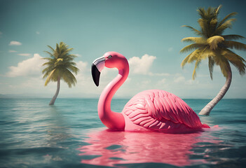 flamingo in the water with palms