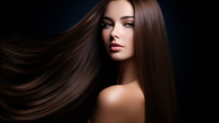 Fototapeta premium Young Woman With Glossy Brown Hair Against Dark Background. Generative AI