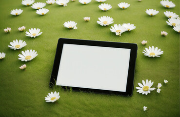Tablet, blank white screen, business background. Spring.