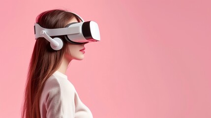 Young Woman Engaged in Virtual Reality Experience Against Pink Background. Generative AI