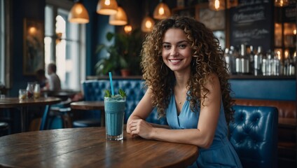 Curly hair girl at cafe with blue smoothie on table, Ai generated 