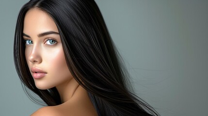 Young Woman Showcasing Luscious Black Hair in Studio. Generative AI