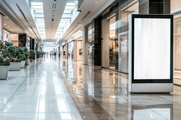 The spacious interior of a contemporary shopping mall with a blank advertising billboard ready for marketing messages