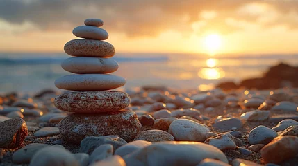 Papier Peint photo Lavable Spa Stones balance on beach, sunrise shot 