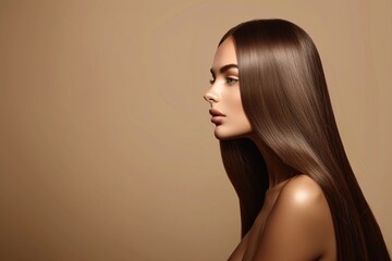 Naklejka premium Portrait of a Young Woman With Glossy Long Brown Hair. Generative AI