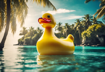 big rubber duck on the beach with tropical backgraund - obrazy, fototapety, plakaty