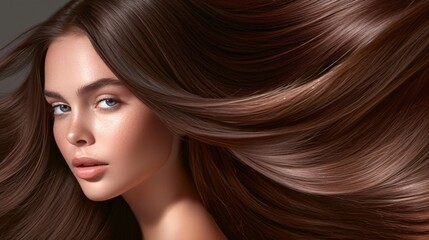 Naklejka premium Young Woman Showcasing Luxurious Brown Hair. Generative AI