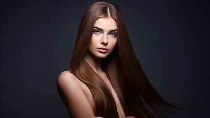 Fototapeta premium Young Woman Showcasing Glossy Brown Hair in Studio. Generative AI