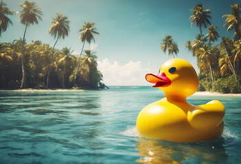 rubber duck in water with palms - obrazy, fototapety, plakaty