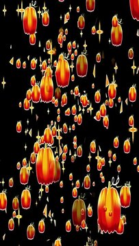 4K growing falling pumpkin BG with particle animation in alpha channel. Falling pumpkin on a black background for Halloween, Thanksgiving, Party, Cartoon, and Horror. Halloween pumpkin particle.