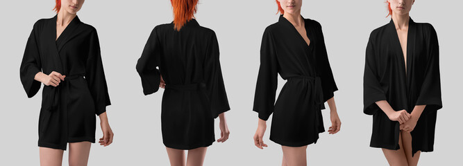 Mockup of black silk robe with belt on slender girl, set of stylish home clothes, isolated on...