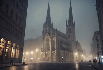 Church in the foggy city street - obrazy, fototapety, plakaty