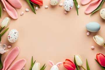 Elegant Easter layout with tulips, fake bunny ears, and decorated eggs on peach backdrop