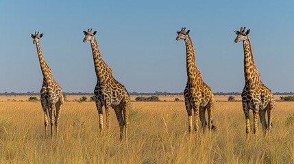 Giraffes graze in the fields amidst natural beauty. - obrazy, fototapety, plakaty