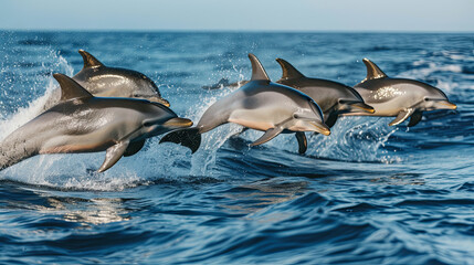 Obraz premium Cute dolphins jumping high in the blue sea
