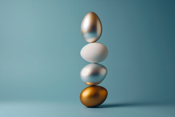 Easter eggs stand stacked vertically. Easter minimalist concept - obrazy, fototapety, plakaty