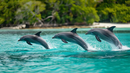 Cute dolphins jumping in the waters of the ocean against the backdrop of palm trees