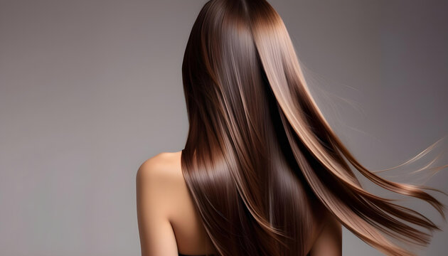 Back view of model woman with glossy brown smooth healthy long straight and shining hair waving in the wind and smooth skin of glowing natural beauty, For care and hair products,