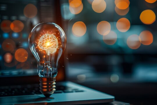 Demonstrating creativity and brainstorming, this image features a lit lightbulb with a brain glowing, placed on a laptop