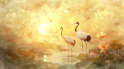 Traditional Chinese art depicting elegant cranes amongst blooming lotus in a misty, golden landscape