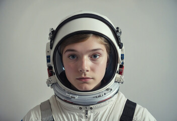 A teenager in an astronaut costume looks in outer space