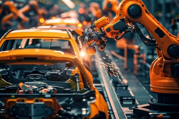 High precision automated robots assembling cars on a production line, showcasing the future of automotive industry