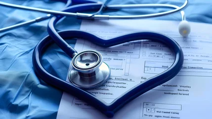 Fotobehang Medical stethoscope twisted in heart shape lying on patient medical history list and blue doctor uniform closeup. Medical help or insurance concept. Cardiology care, health, protection and prevention © Lucky Ai
