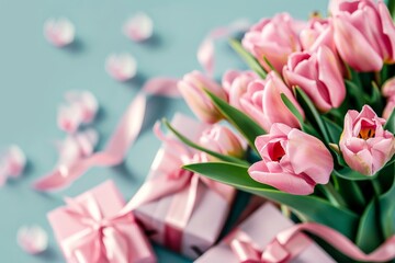 A lovely composition of pink tulips and matching gift boxes on a pastel blue background, perfect for celebrations