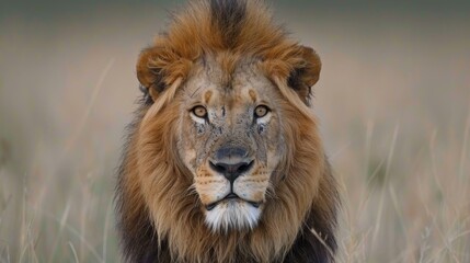 Fototapeta premium Lion in a rice field amidst beautiful nature