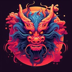Flat and colourful red and blue dragonhead illustration, logo, on a black background 