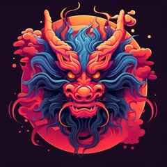 Fototapeta premium Flat and colourful red and blue dragonhead illustration, logo, on a black background 