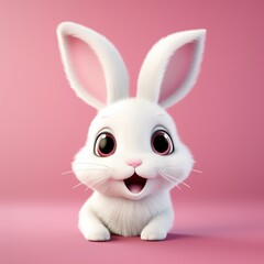 happy white 3d bunny with big eyes Infront of a pink background 
