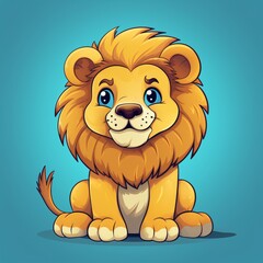 Flat cartoon like orange lion illustration with blue eyes Infront of a blue background