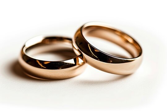 This image shows a detailed close-up of two shiny golden wedding rings highlighting commitment