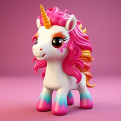 Toylike 3d unicorn illustration with colourful red hair on a pink background 