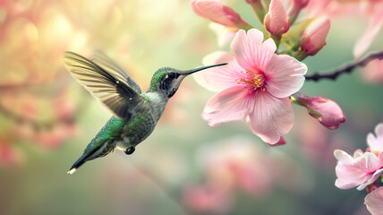 A vibrant hummingbird hovers near a pink flower in a natural setting, creating a beautiful and harmonious scene in nature