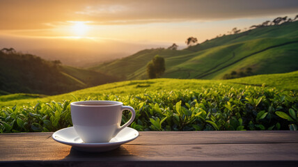 A white cup of tea on the wooden table with tea plantation background at beautiful sunrise - obrazy, fototapety, plakaty