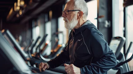 Fotobehang An elderly man in good health is jogging in the gym. Ai generate. © MOUNTAIN
