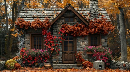 Fototapeta na wymiar an old hut or barn made of stone against the background of beautiful autumn nature, cozy, decorated with flowers and vintage things