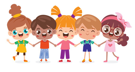 Fototapeta premium Cartoon Multicultural Kids Holding Hands