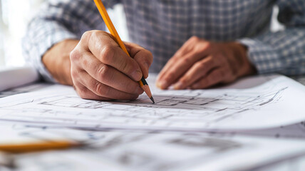 Naklejka premium Close-up of an architect sketching a construction project in office