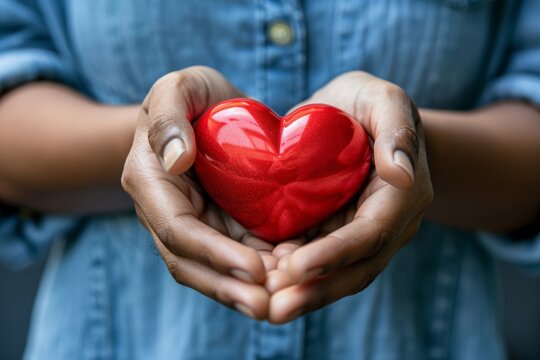 An image portraying hands gently cupping a shiny red heart, depicting care, love, and health