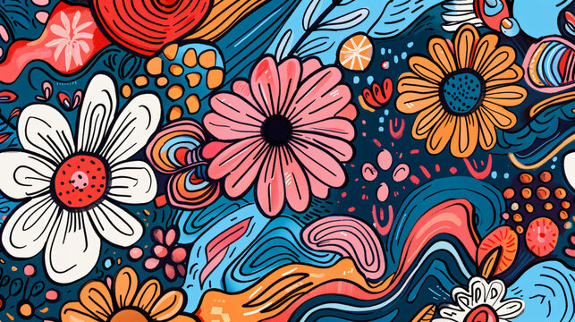 Abstraction and doodles pattern with flowers