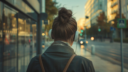 A woman journeys forward, enveloped by music in the bustling city.