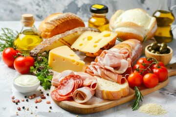 A delicious array showcasing a selection of gourmet cheeses, cured meats, and fresh accompaniments on a rustic wooden board