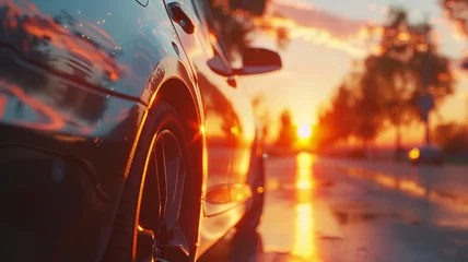 Fotobehang Close-up of a car on the road at sunrise © Yuwarin