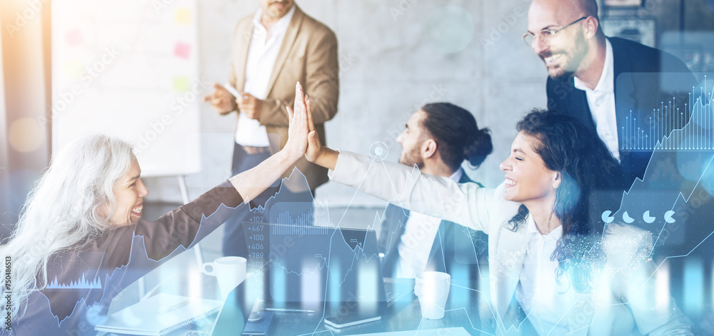 Poster energetic business team celebrating a success with a high-five in a collaborative office setting