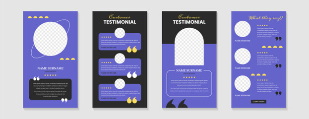 Customer service review template or feedback story template design. Vector set of blue testimonial posts for social media. Web banners of client satisfaction with short quote and star rating. - obrazy, fototapety, plakaty