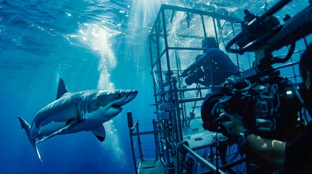 Underwater Filming of a Majestic Great White Shark. Generative ai
