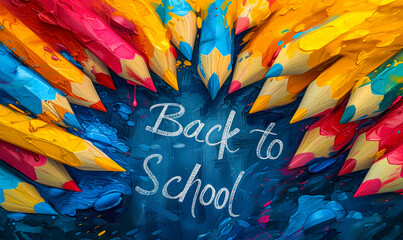 Vibrant illustration of a Back to School chalkboard sign surrounded by colorful pencils, celebrating the beginning of a new school year - obrazy, fototapety, plakaty